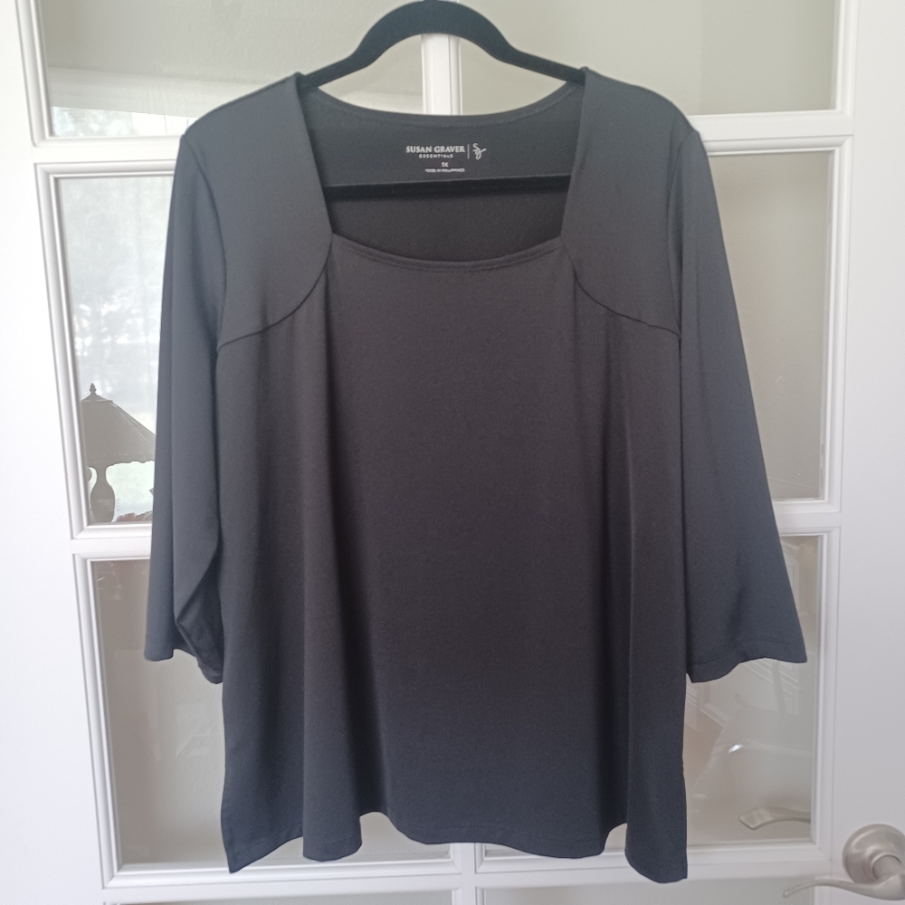 Susan Graver Black Silky Womens 3/4 Sleeve Top 1X